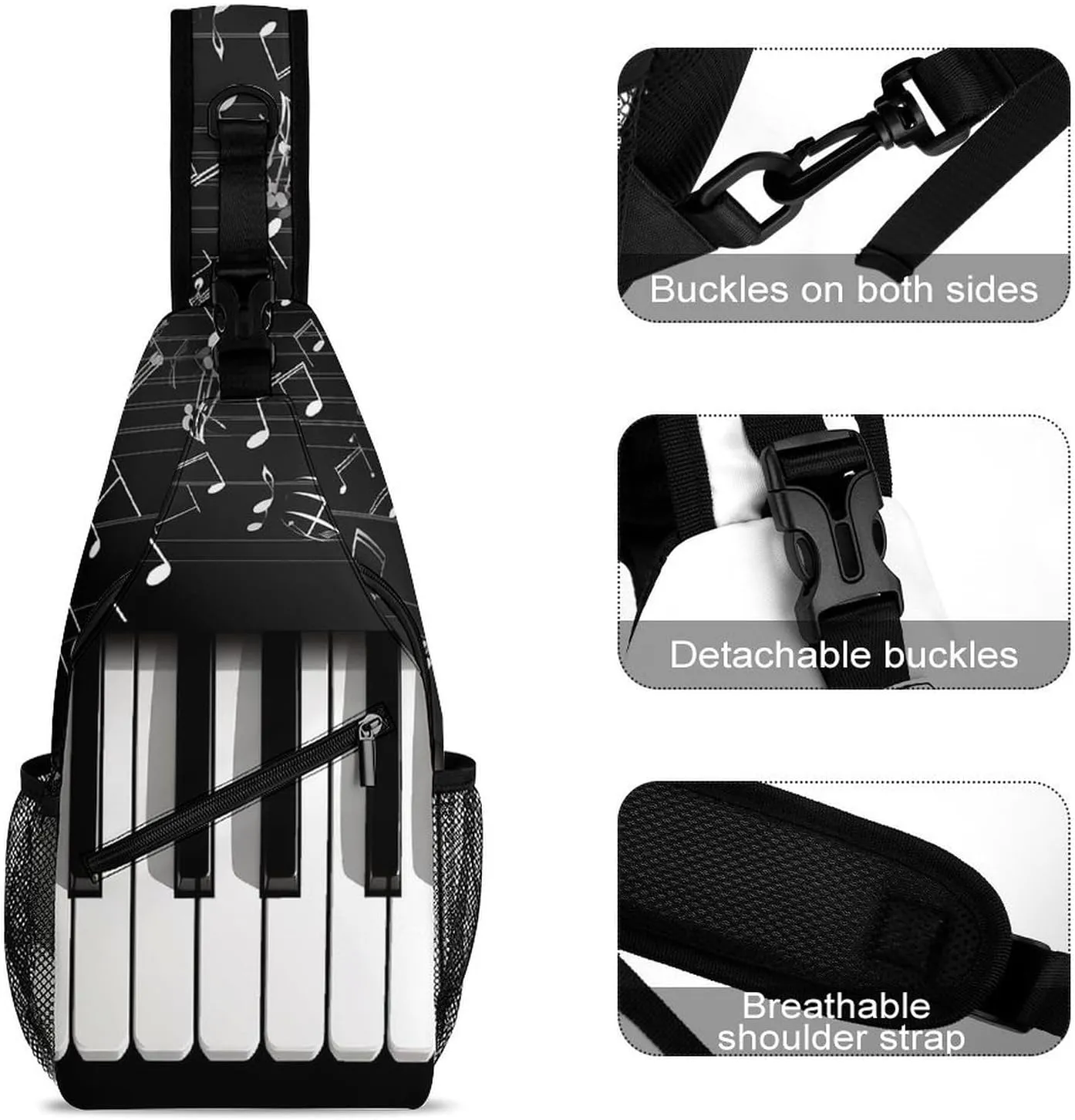 Crossbody Bag Travel Sling Bag for Men Small Sling Backpack Piano Keys With Musical Notes Chest Bag Shoulder Bag for Outdoor