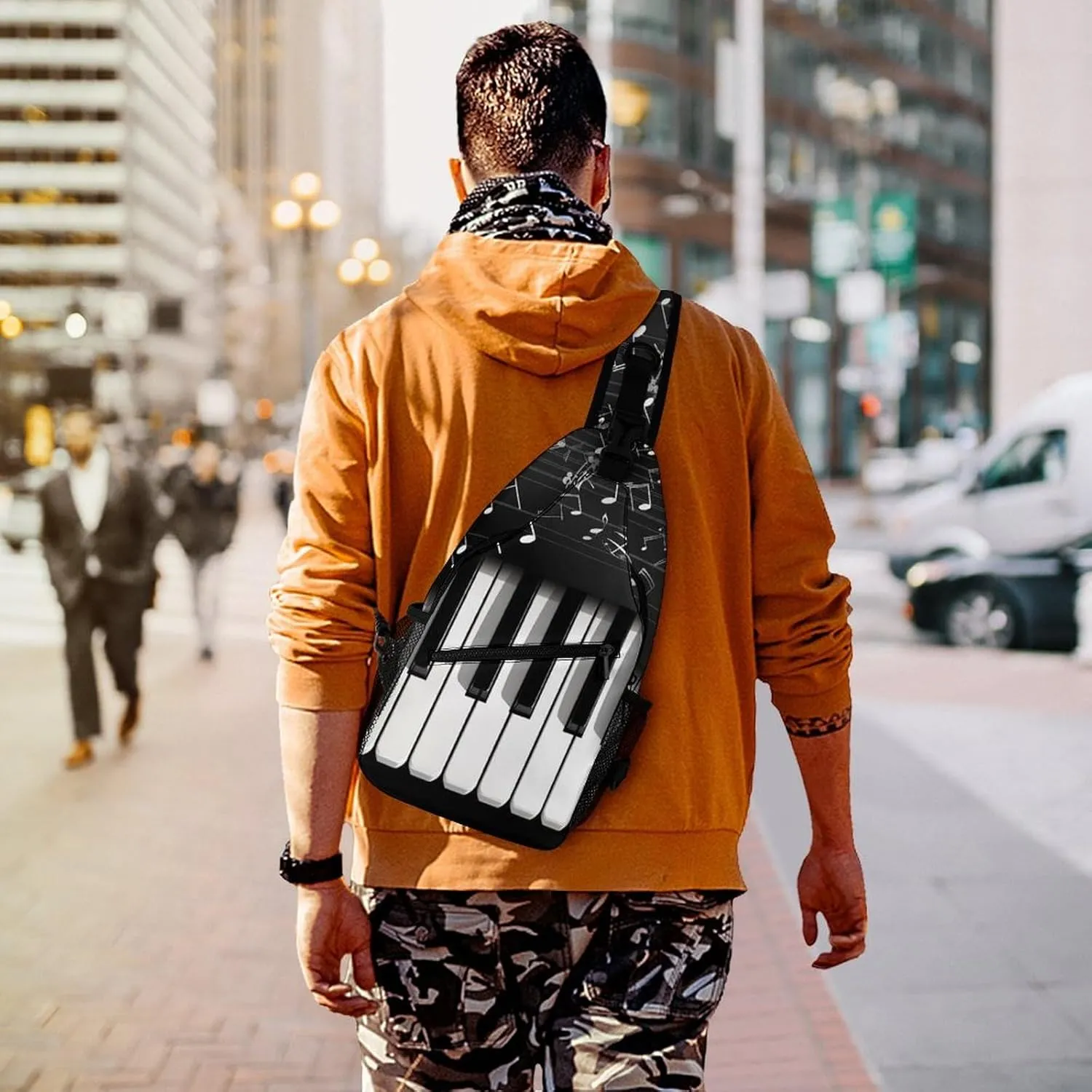 Crossbody Bag Travel Sling Bag for Men Small Sling Backpack Piano Keys With Musical Notes Chest Bag Shoulder Bag for Outdoor