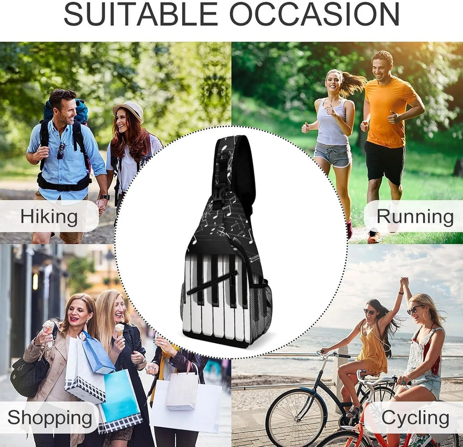Crossbody Bag Travel Sling Bag for Men Small Sling Backpack Piano Keys With Musical Notes Chest Bag Shoulder Bag for Outdoor