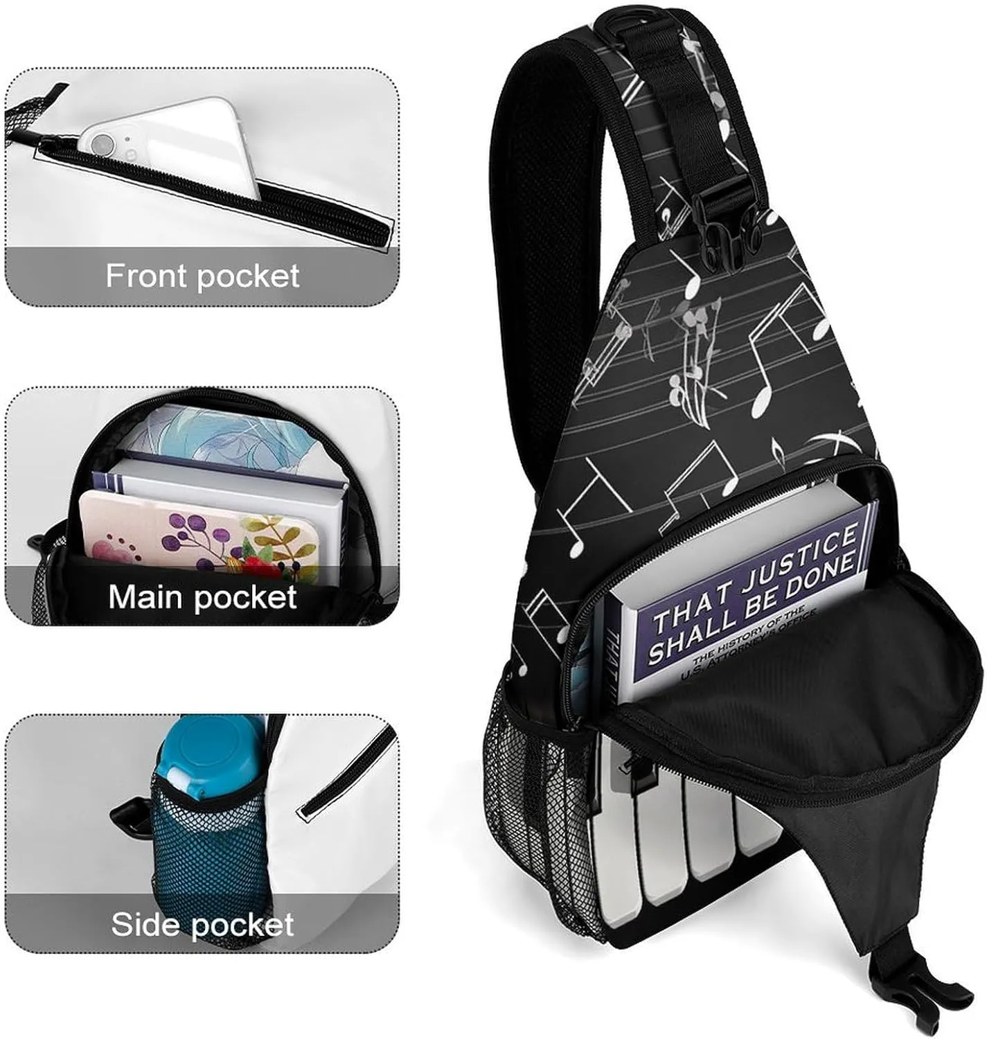 Crossbody Bag Travel Sling Bag for Men Small Sling Backpack Piano Keys With Musical Notes Chest Bag Shoulder Bag for Outdoor