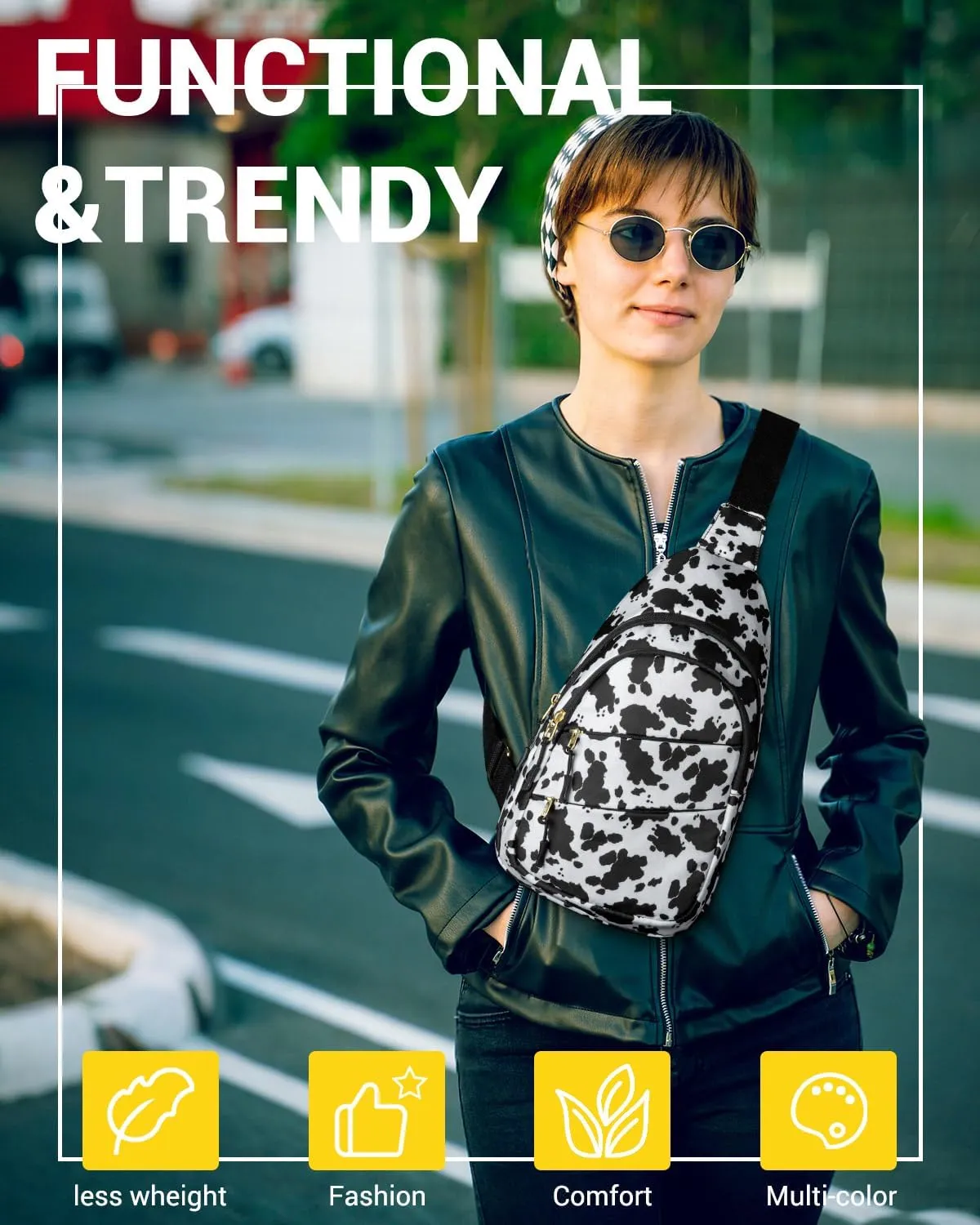 Crossbody Bags for Women, Sling Bag for Men, Small Hiking Backpack Anti Theft Lightweight for Outdoors Travel （M, Cow Print）