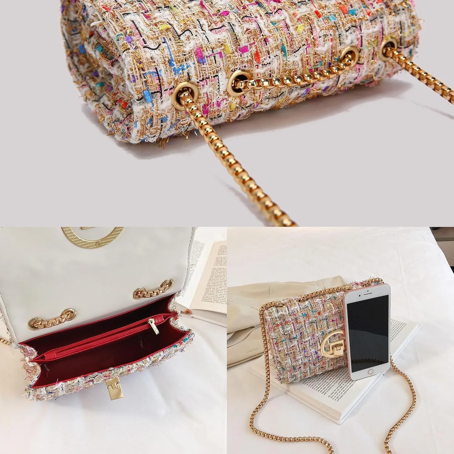 Crossbody Bags for Women Small Handbags Leather Shoulder Bag Tweed Purses Evening Bag Clutch Satchels with Chain Strap