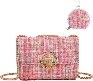 Crossbody Bags for Women Small Handbags Leather Shoulder Bag Tweed Purses Evening Bag Clutch Satchels with Chain Strap