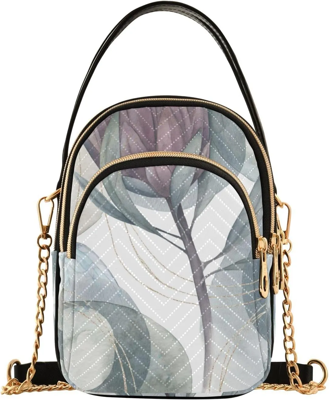 Crossbody Handbags Sling Bags Geometric Shapes Floral Phone Bag for Women Cross Body Purse Fanny Pack with Leather Handheld and Golden Chain for Traveling Daily