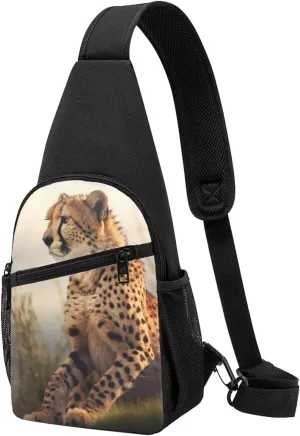 Crossbody Sling Backpack Sling Bag for Men Women Cross Chest Bag Shoulder Bag Cheetah Sitting on a Hill Travel Hiking Daypack