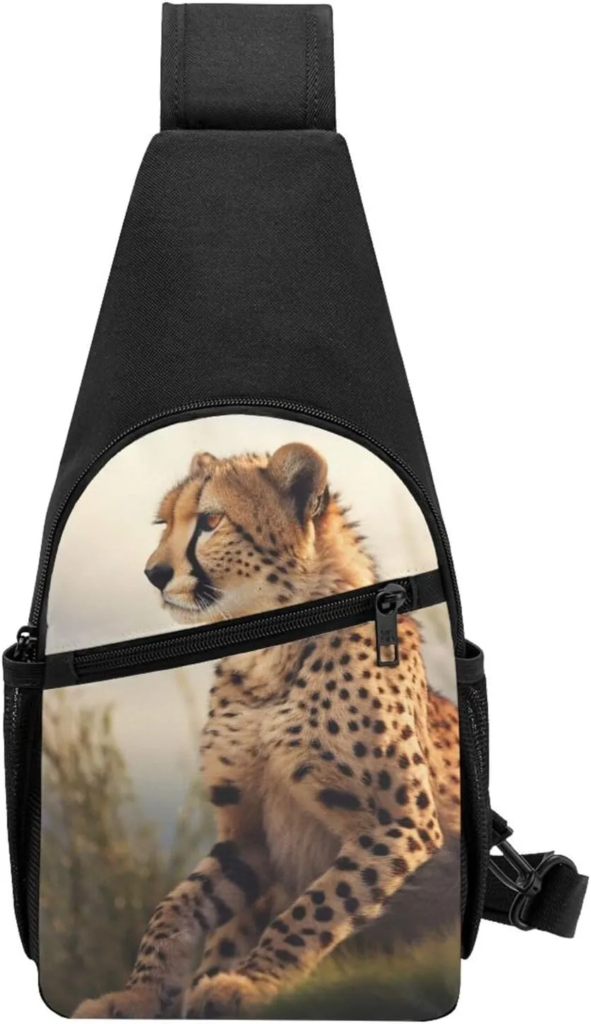 Crossbody Sling Backpack Sling Bag for Men Women Cross Chest Bag Shoulder Bag Cheetah Sitting on a Hill Travel Hiking Daypack