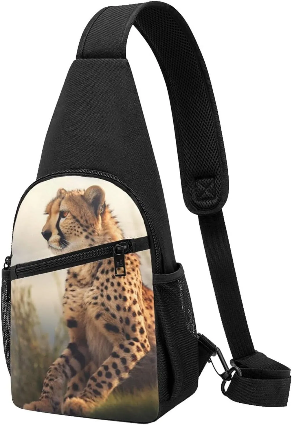 Crossbody Sling Backpack Sling Bag for Men Women Cross Chest Bag Shoulder Bag Cheetah Sitting on a Hill Travel Hiking Daypack