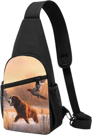 Crossbody Sling Backpack Sling Bag for Men Women Cross Chest Bag Shoulder Bag Dog Catching Pheasant Travel Hiking Daypack