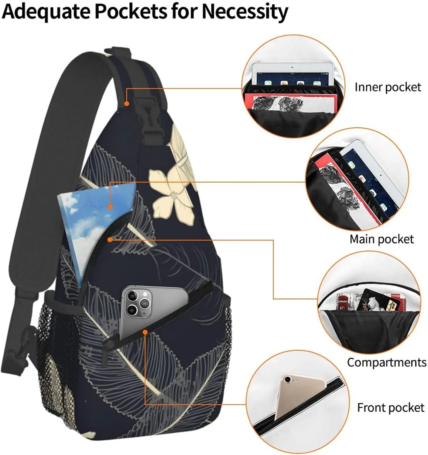 Crossbody Sling Backpack Sling Bag For Men Women Cross Chest Bag Shoulder Bag Elegant Leaves Travel Hiking Daypack