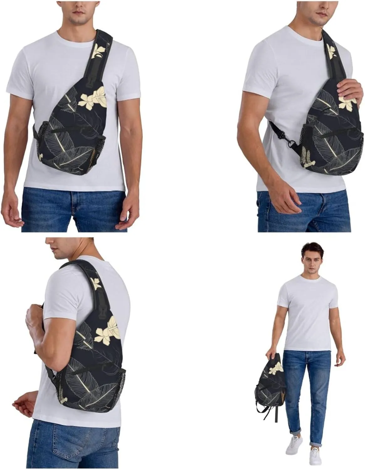 Crossbody Sling Backpack Sling Bag For Men Women Cross Chest Bag Shoulder Bag Elegant Leaves Travel Hiking Daypack