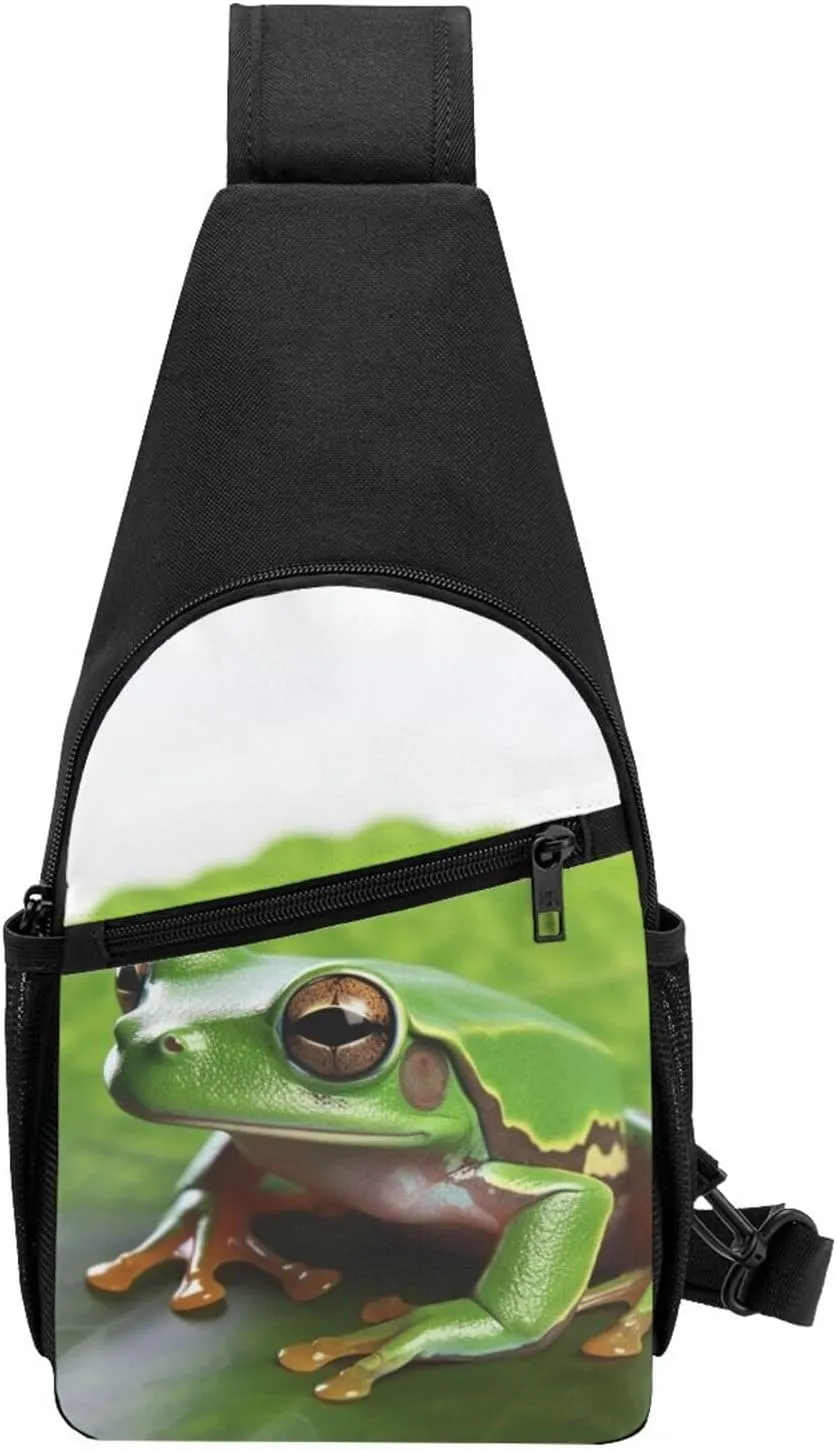 Crossbody Sling Backpack Sling Bag for Men Women Cross Chest Bag Shoulder Bag green Frog the Leaves Travel Hiking Daypack