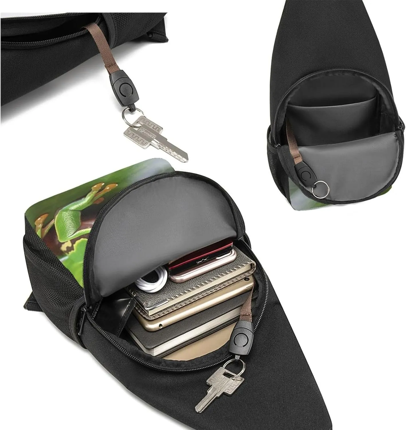 Crossbody Sling Backpack Sling Bag for Men Women Cross Chest Bag Shoulder Bag green Frog the Leaves Travel Hiking Daypack