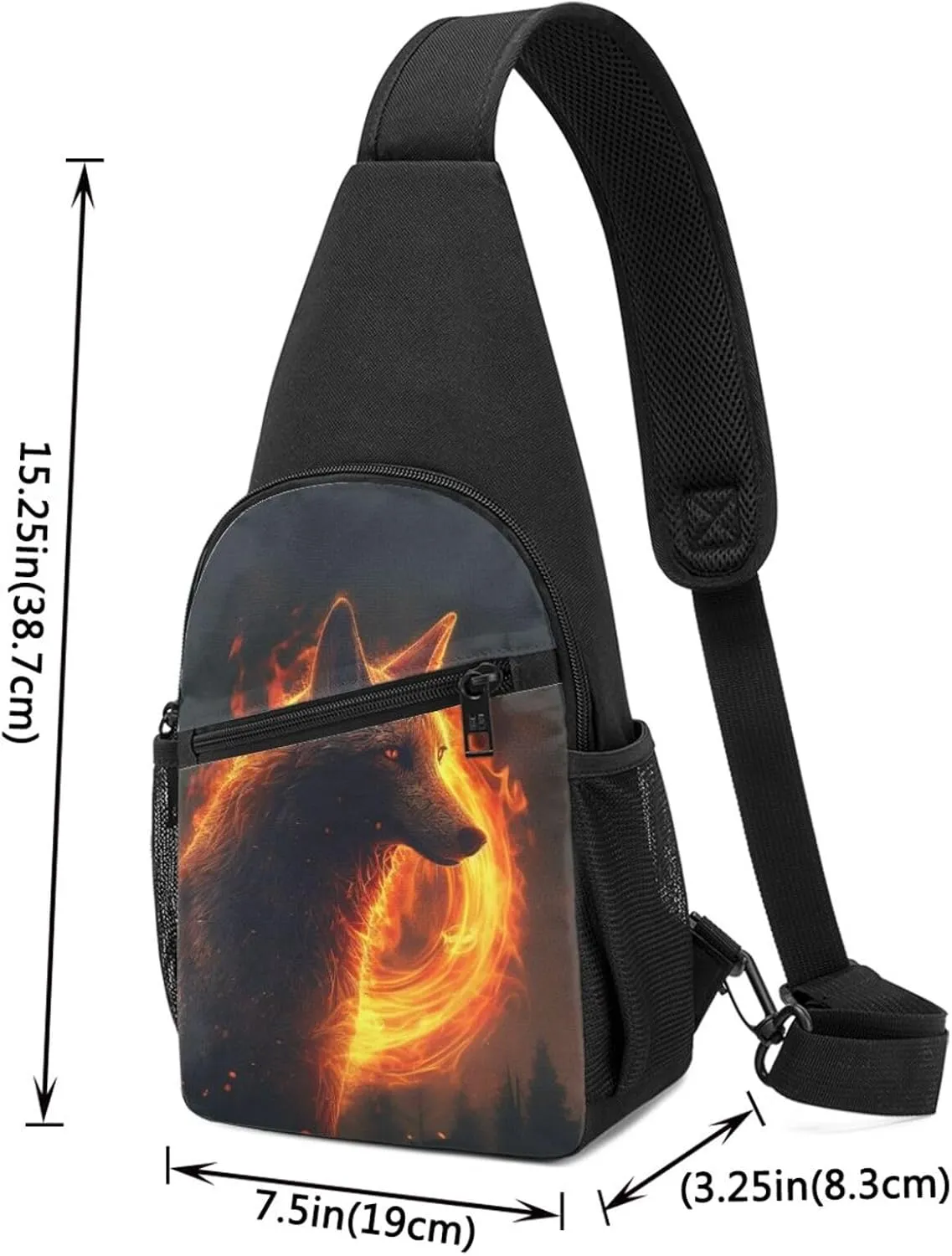 Crossbody Sling Backpack Sling Bag for Men Women Cross Chest Bag Shoulder Bag HD Fire Wolf Travel Hiking Daypack