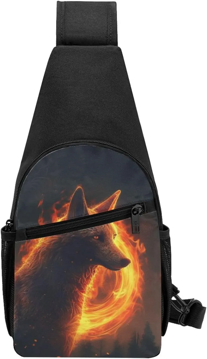 Crossbody Sling Backpack Sling Bag for Men Women Cross Chest Bag Shoulder Bag HD Fire Wolf Travel Hiking Daypack