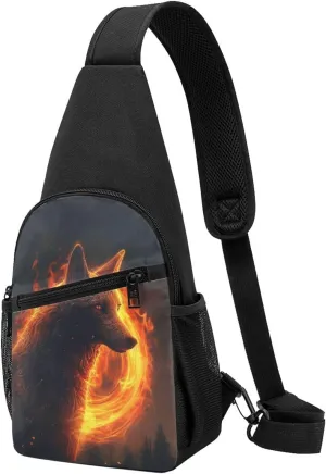 Crossbody Sling Backpack Sling Bag for Men Women Cross Chest Bag Shoulder Bag HD Fire Wolf Travel Hiking Daypack