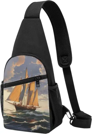 Crossbody Sling Backpack Sling Bag for Men Women Cross Chest Bag Shoulder Bag Sailboat Ship Landscape Travel Hiking Daypack