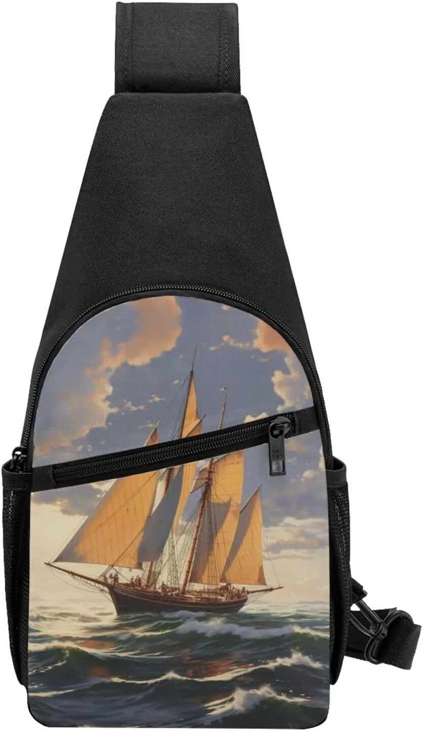 Crossbody Sling Backpack Sling Bag for Men Women Cross Chest Bag Shoulder Bag Sailboat Ship Landscape Travel Hiking Daypack