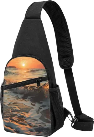 Crossbody Sling Backpack Sling Bag for Men Women Cross Chest Bag Shoulder Bag Sea waves by sunset Travel Hiking Daypack