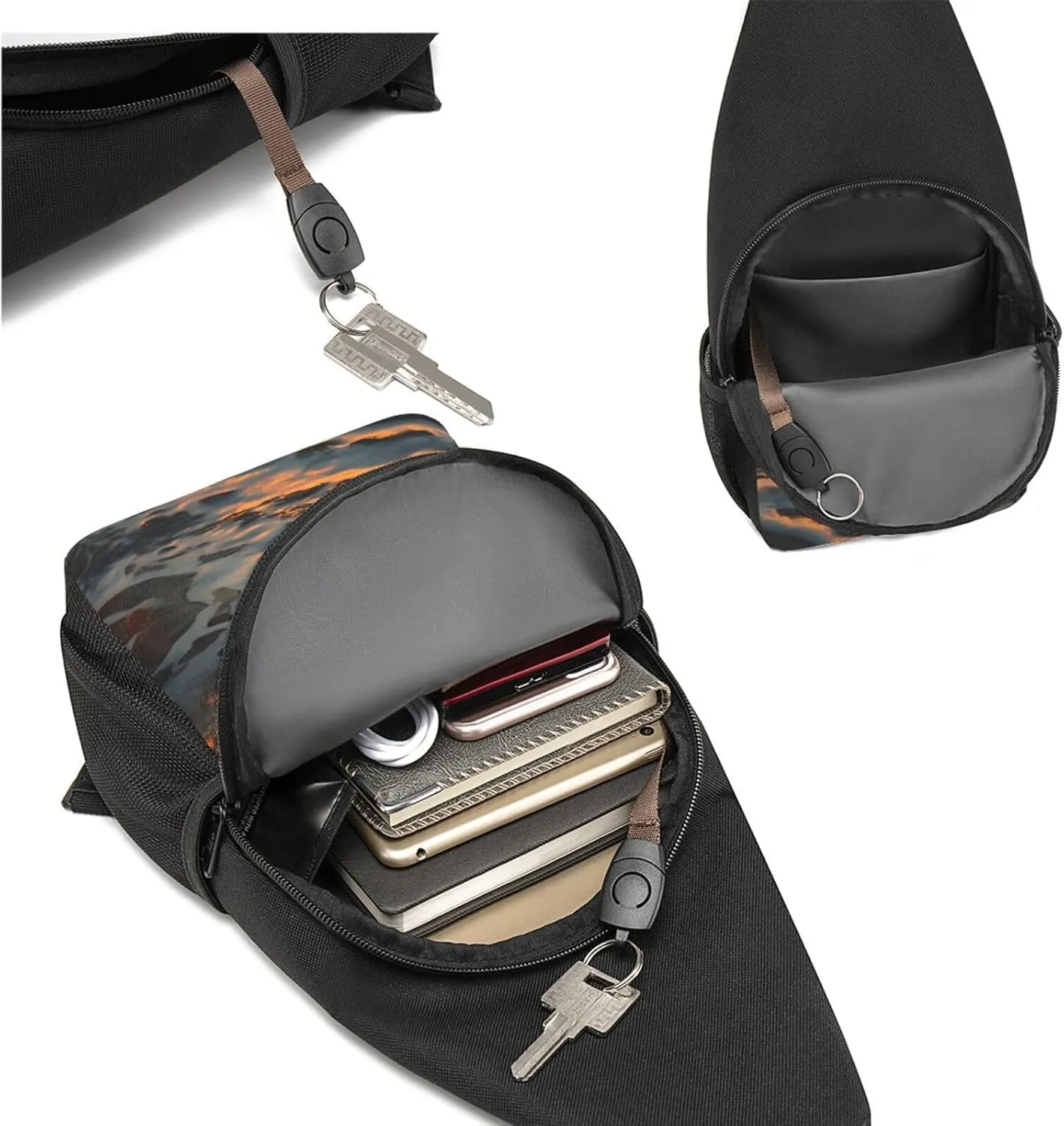 Crossbody Sling Backpack Sling Bag for Men Women Cross Chest Bag Shoulder Bag Sea waves by sunset Travel Hiking Daypack
