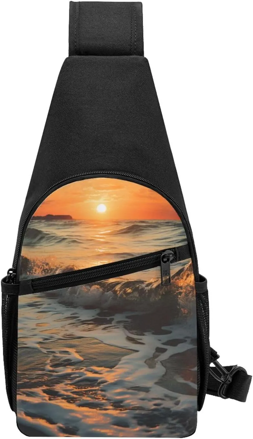 Crossbody Sling Backpack Sling Bag for Men Women Cross Chest Bag Shoulder Bag Sea waves by sunset Travel Hiking Daypack