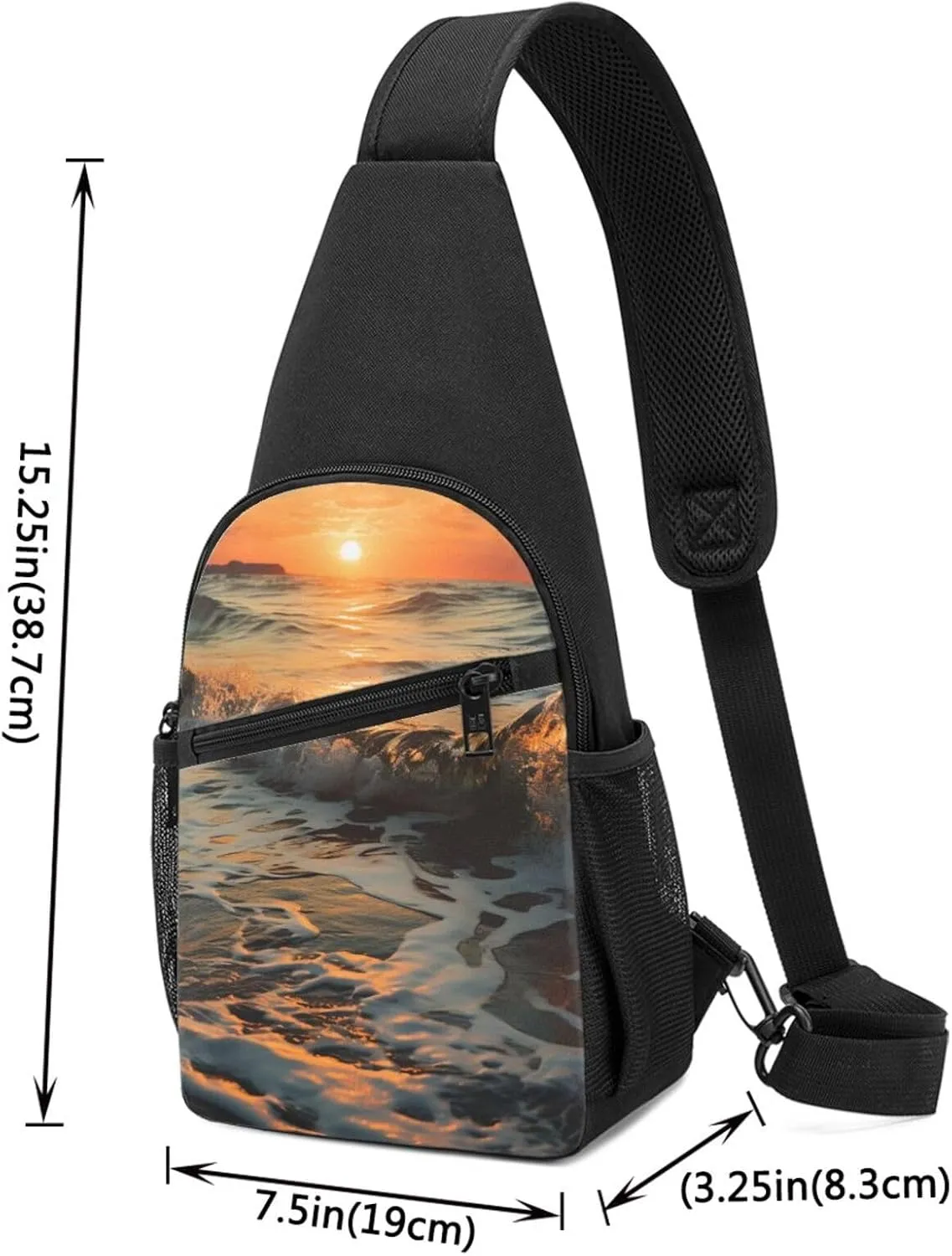 Crossbody Sling Backpack Sling Bag for Men Women Cross Chest Bag Shoulder Bag Sea waves by sunset Travel Hiking Daypack