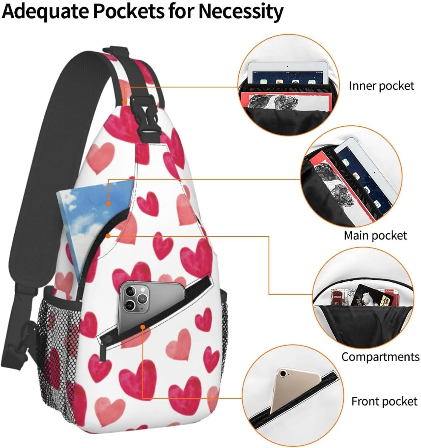 Crossbody Sling Bag for Men Women, Hearts 1 Sling Backpack Shoulder Chest Bag, Anti Theft Travel Hiking Daypacks