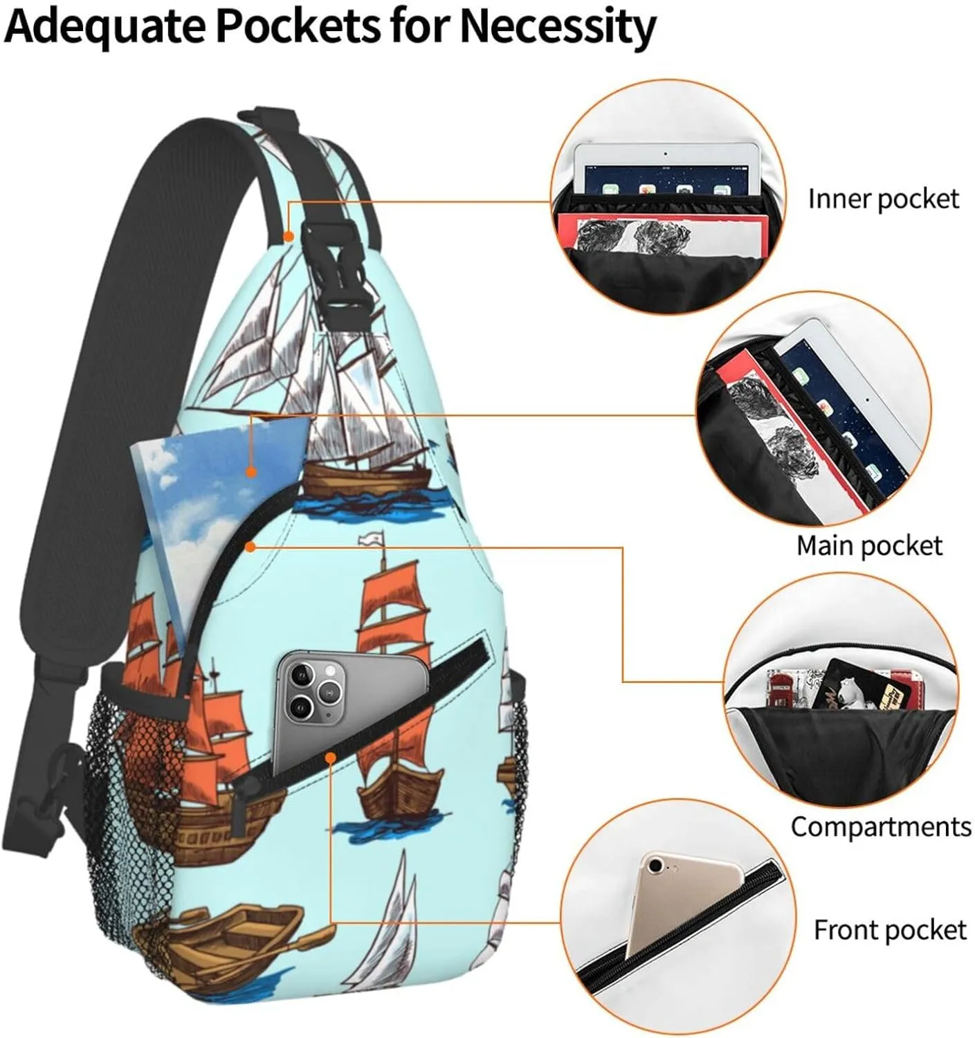 Crossbody Sling Bag for Men Women, Ships Boats Sling Backpack Shoulder Chest Bag, Anti Theft Travel Hiking Daypacks