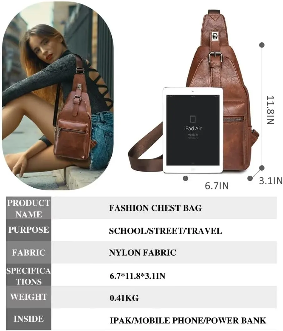 Crossbody Sling Bag for Women Men Small Cross Body Purse Anti Theft Fanny Pack Waterproof Vegan PU Leather Backpack Trendy Daypack Chest Bag for Travel Sports Running Hiking with Guitar Strap ,Brown