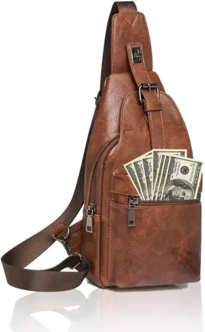Crossbody Sling Bag for Women Men Small Cross Body Purse Anti Theft Fanny Pack Waterproof Vegan PU Leather Backpack Trendy Daypack Chest Bag for Travel Sports Running Hiking with Guitar Strap ,Brown