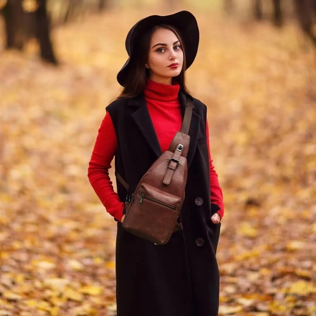 Crossbody Sling Bag for Women Men Small Cross Body Purse Anti Theft Fanny Pack Waterproof Vegan PU Leather Backpack Trendy Daypack Chest Bag for Travel Sports Running Hiking with Guitar Strap ,Brown