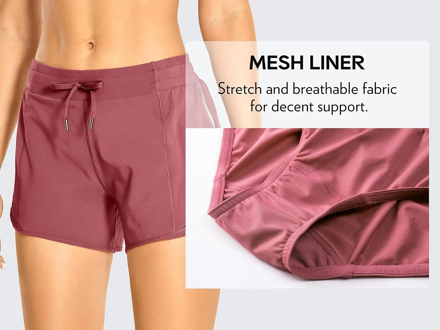 CRZ YOGA Womens Athletic Running Shorts with Zip Pocket, 4" Mid-Waist Mesh Liner Gym Workout Shorts