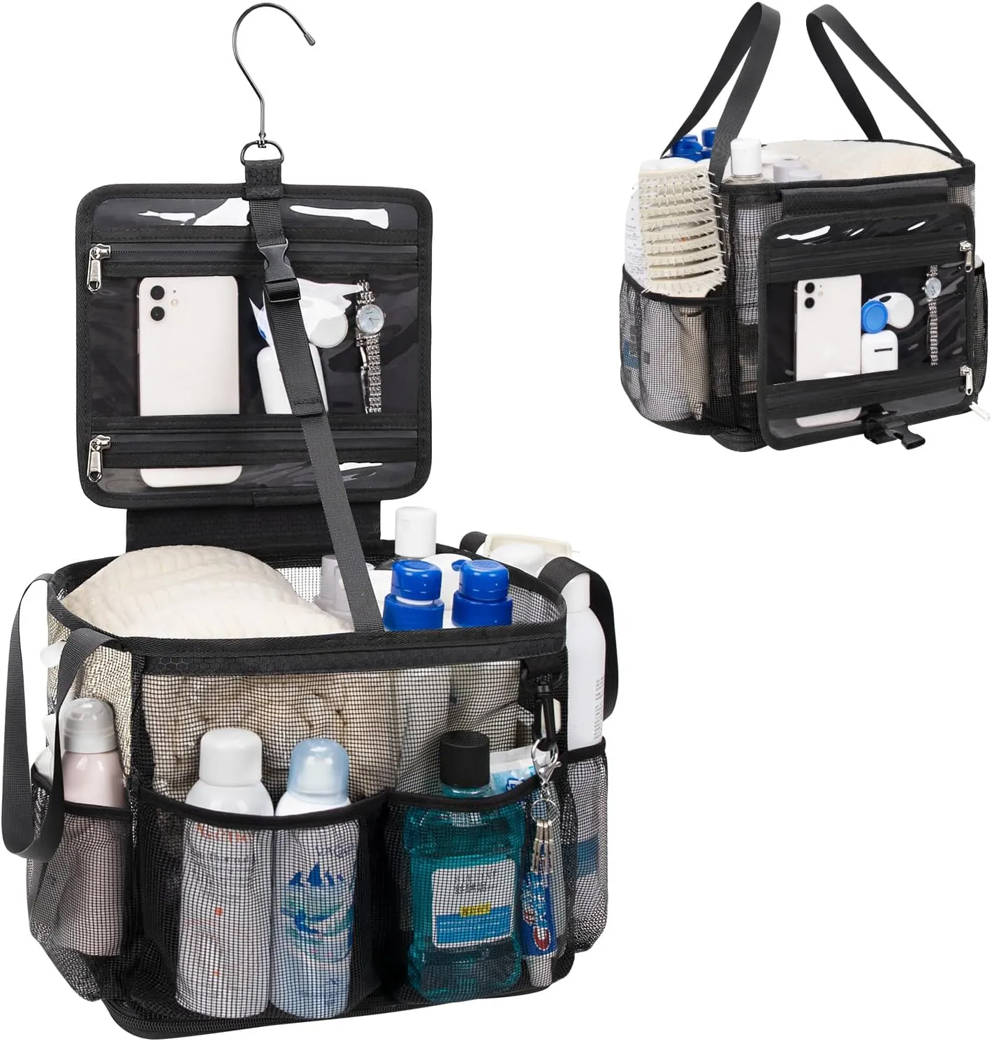 CUBETASTIC Mesh Shower Caddy Portable, Quick Dry Hanging Toiletry Bag for College Dorm Essentials with 4 Pockets/Divider/Plastic Bottom, Travel Tote Bag for Camping, Bathroom, Beach, Swimming, Gym