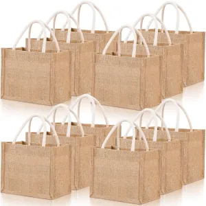 Cunno 12 Pcs Burlap Tote Bag Mini Jute Reusable Bag with Handles Small Blank Canvas Gift Waterproof for Wedding Beach DIY