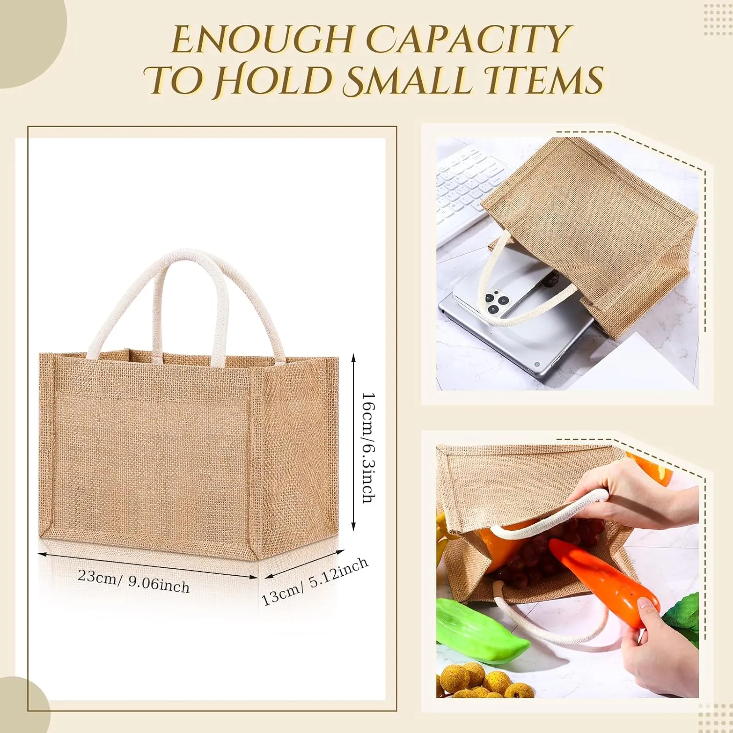Cunno 12 Pcs Burlap Tote Bag Mini Jute Reusable Bag with Handles Small Blank Canvas Gift Waterproof for Wedding Beach DIY
