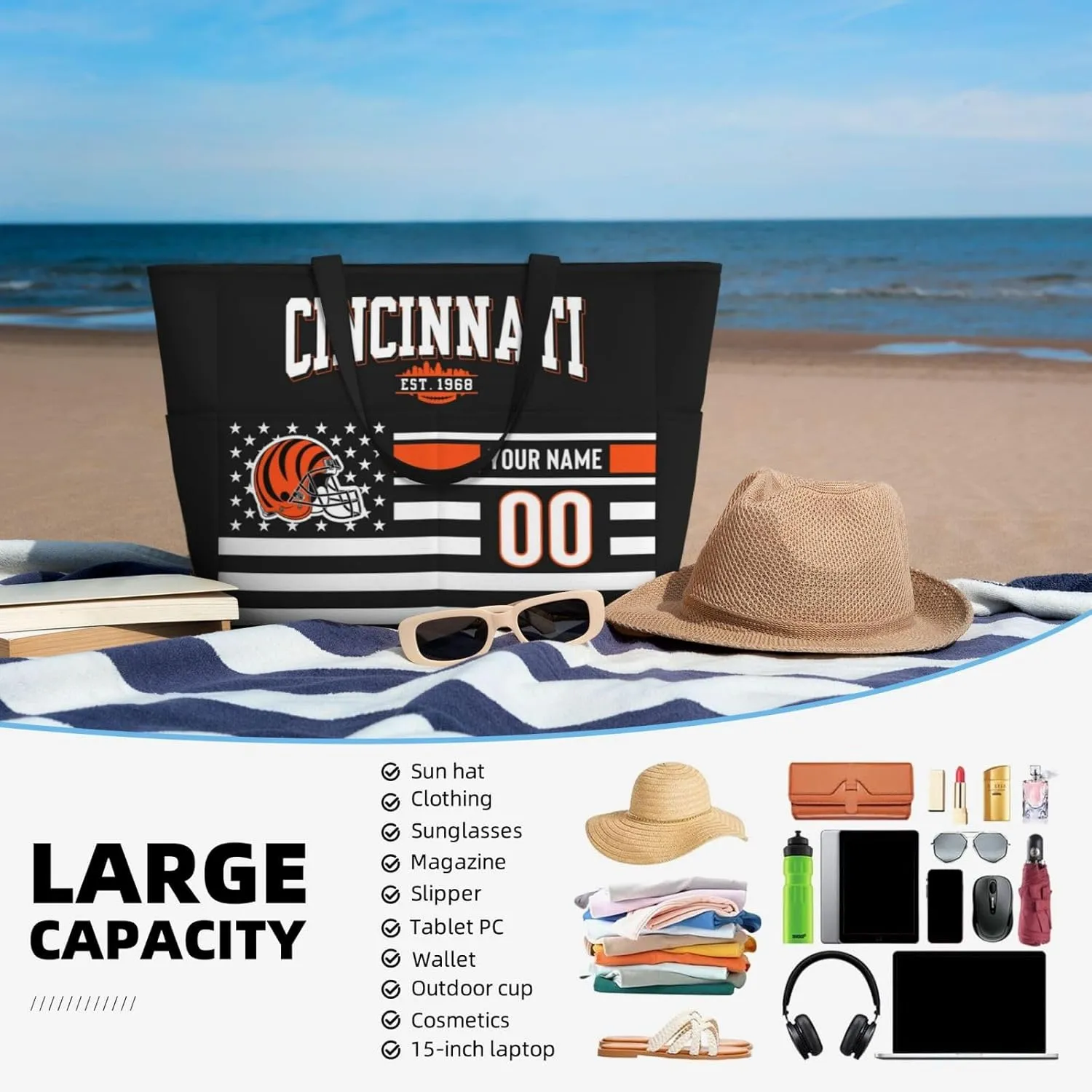 Custom Beach Bag Custom Football Style Large Beach Tote Bag Personalized Add Your Name and Number Shoulder Bag