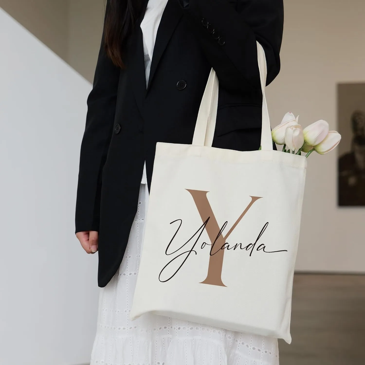 Custom Canvas Tote Bag with Initial and Name Personalized Tote Bag Gift for Women&Girls Bridesmaid Gifts