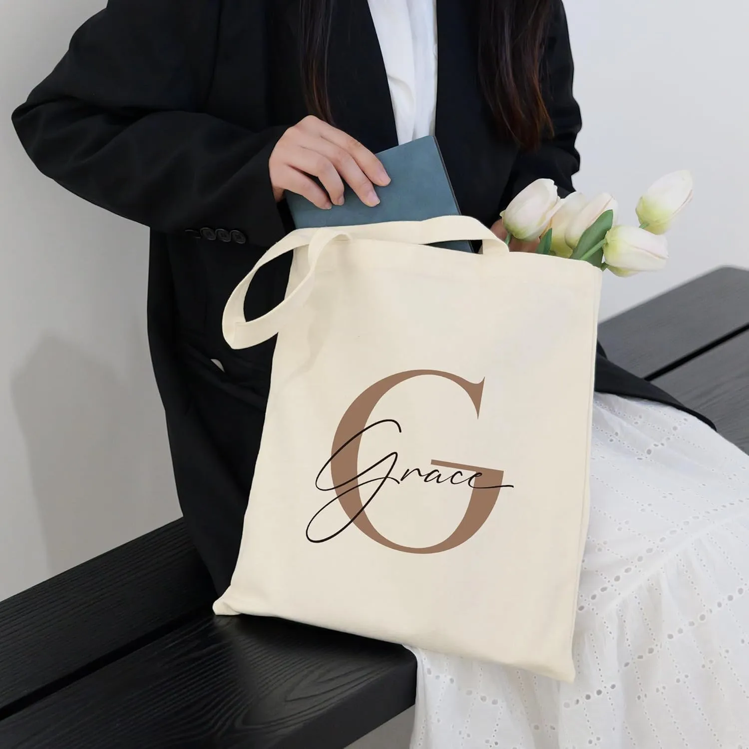 Custom Canvas Tote Bag with Initial and Name Personalized Tote Bag Gift for Women&Girls Bridesmaid Gifts