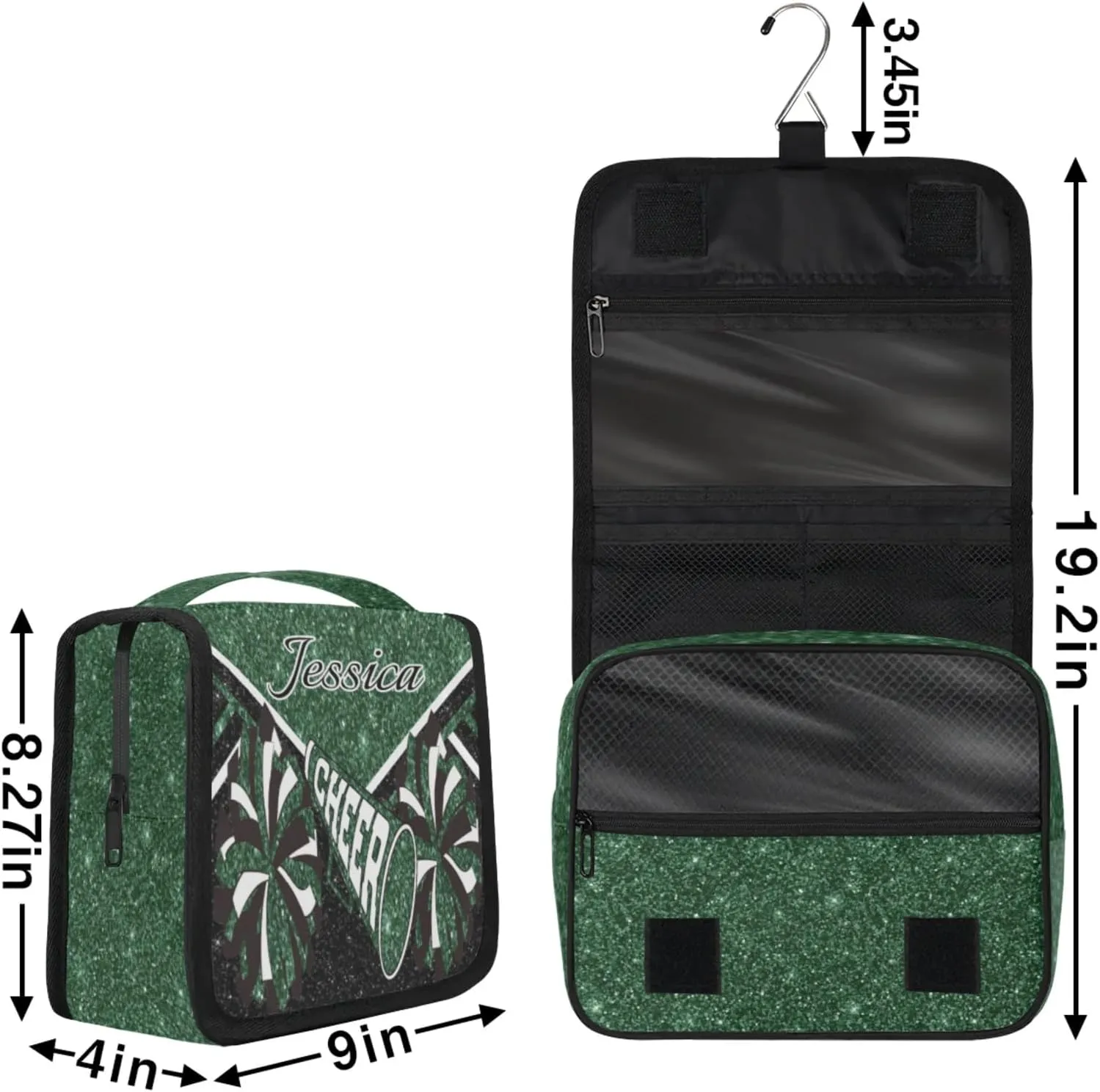 Custom Cheer Toiletry Bag Travel Cosmetic Bag with Hanging Hook Personalized Makeup Bags with Name for Cheerleader, Green Glitter