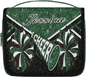 Custom Cheer Toiletry Bag Travel Cosmetic Bag with Hanging Hook Personalized Makeup Bags with Name for Cheerleader, Green Glitter