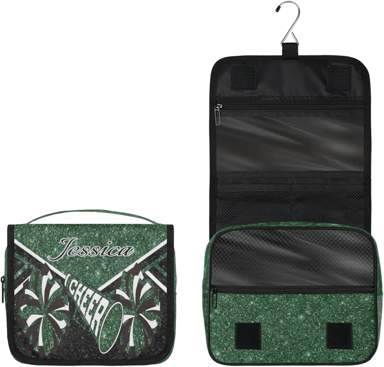 Custom Cheer Toiletry Bag Travel Cosmetic Bag with Hanging Hook Personalized Makeup Bags with Name for Cheerleader, Green Glitter