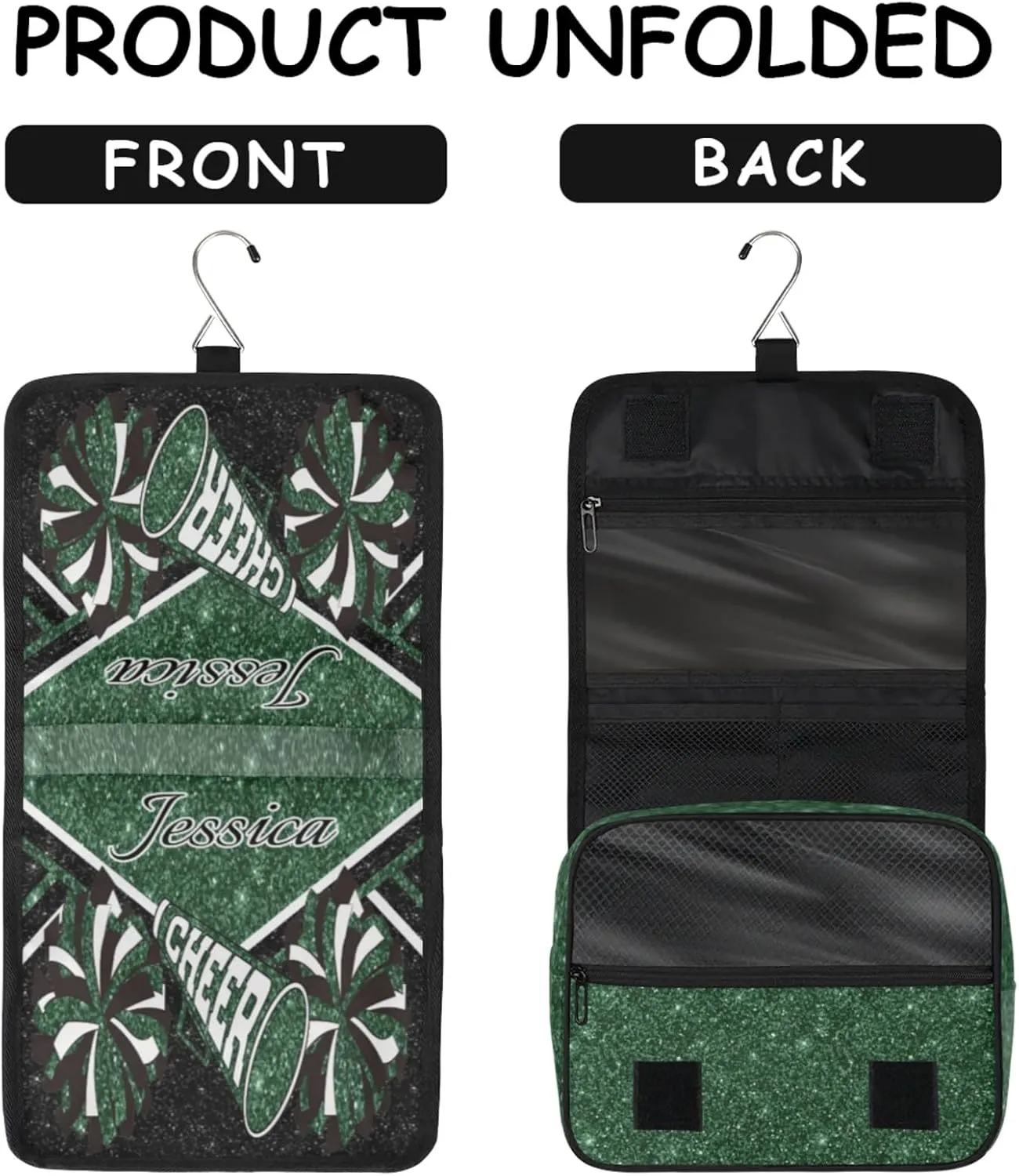 Custom Cheer Toiletry Bag Travel Cosmetic Bag with Hanging Hook Personalized Makeup Bags with Name for Cheerleader, Green Glitter