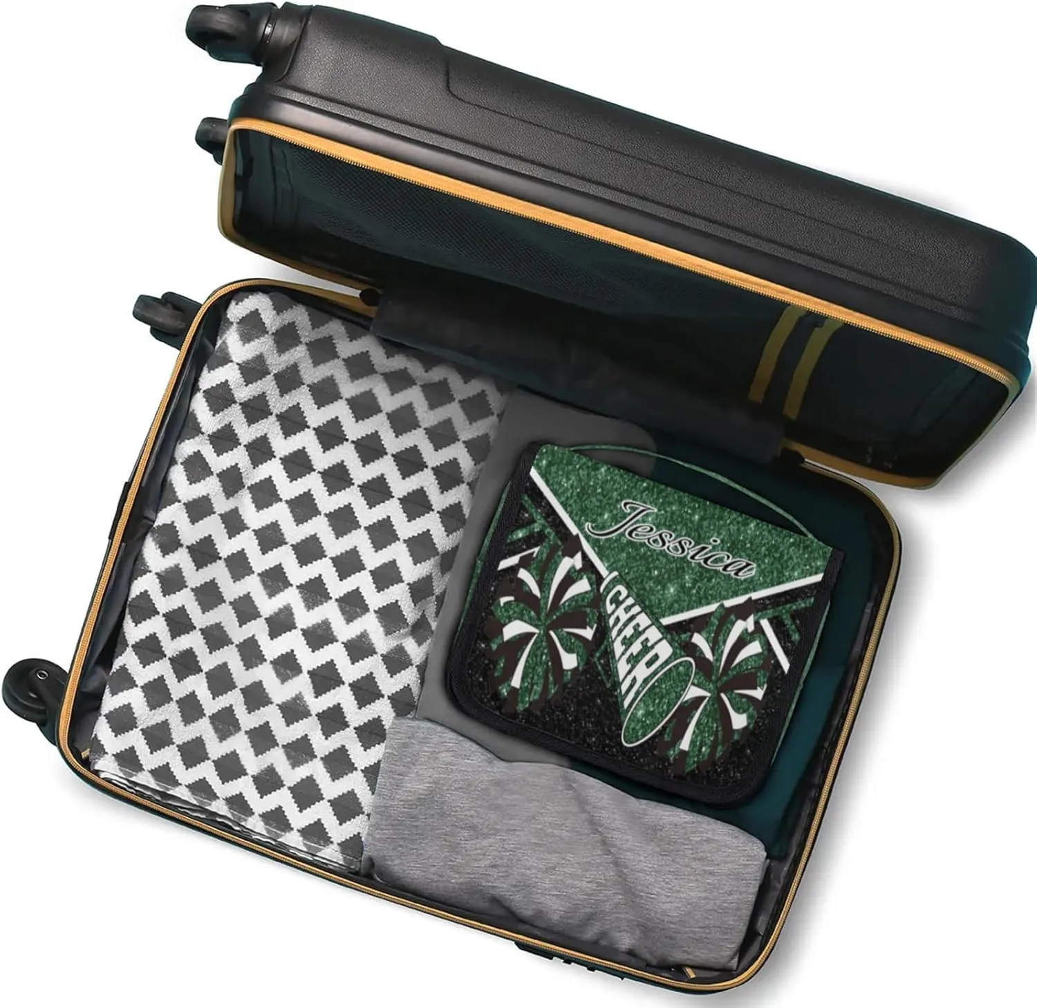 Custom Cheer Toiletry Bag Travel Cosmetic Bag with Hanging Hook Personalized Makeup Bags with Name for Cheerleader, Green Glitter