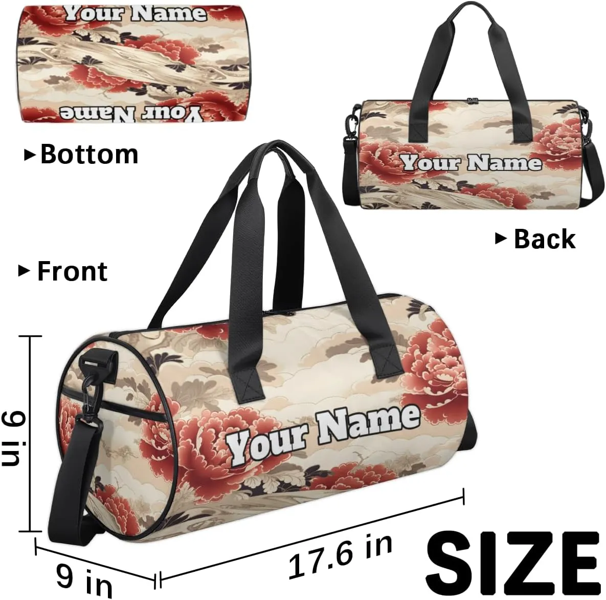 Custom Gym Bag for Women Men with Name, Personalized Japanese Floral Duffel Bag for Sports, Waterproof Dance Bag, Lightweight Carryon Gym Bag, Peony