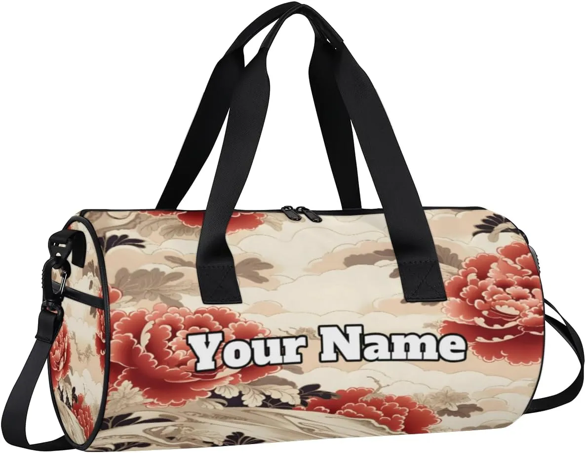 Custom Gym Bag for Women Men with Name, Personalized Japanese Floral Duffel Bag for Sports, Waterproof Dance Bag, Lightweight Carryon Gym Bag, Peony