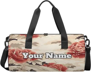 Custom Gym Bag for Women Men with Name, Personalized Japanese Floral Duffel Bag for Sports, Waterproof Dance Bag, Lightweight Carryon Gym Bag, Peony