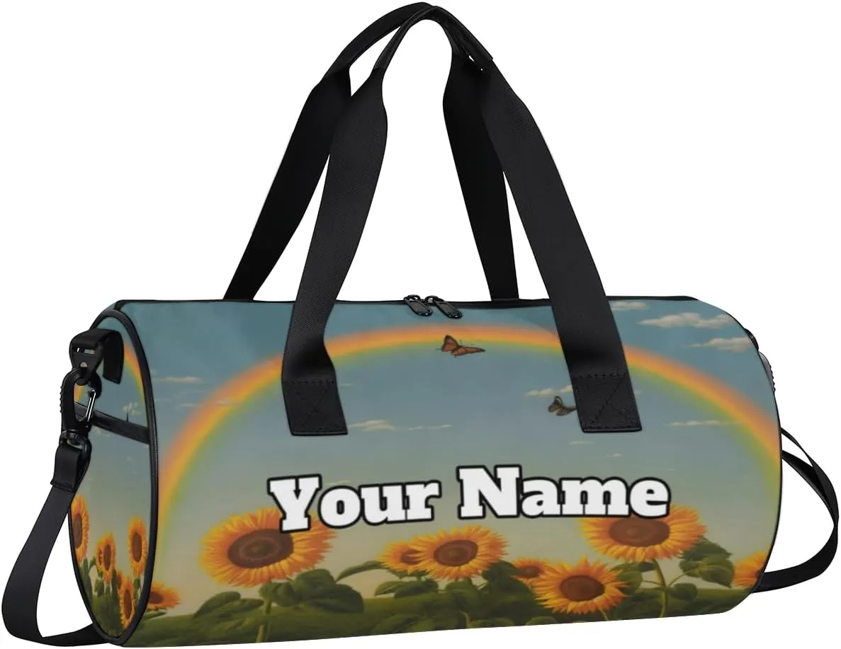 Custom Gym Bag for Women Men with Name, Personalized Spring Sunflower Duffel Bag for Sports, Waterproof Dance Bag, Lightweight Carryon Gym Bag, Rainbow
