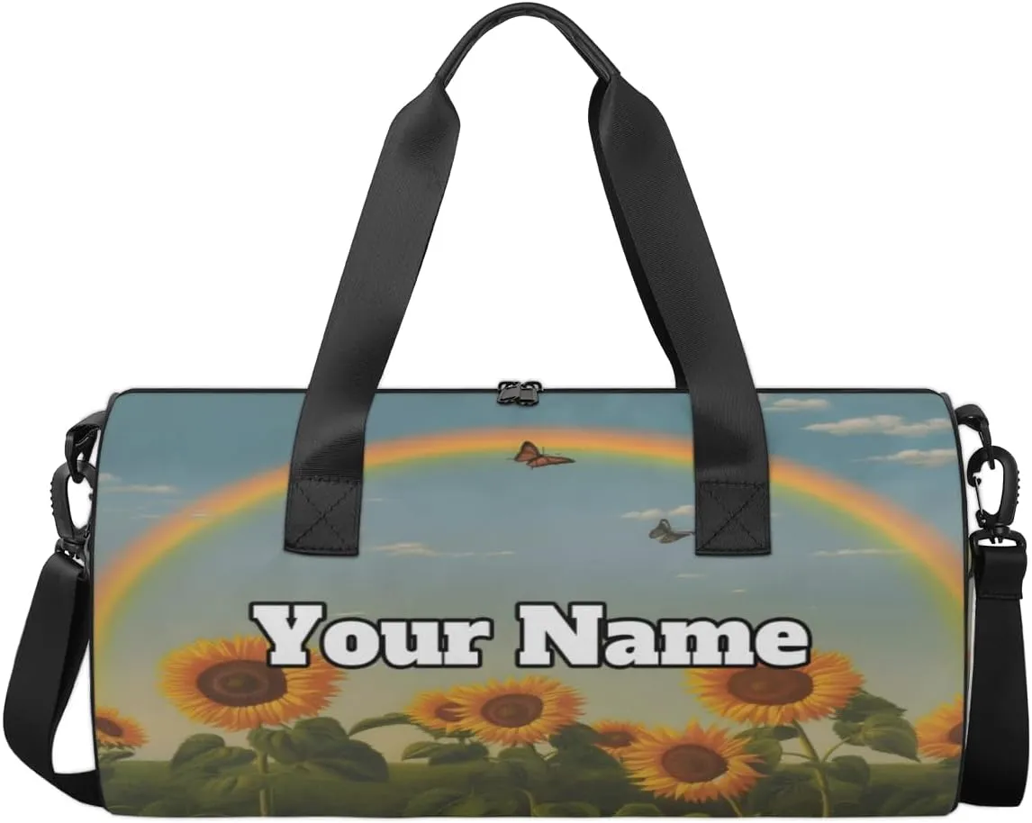 Custom Gym Bag for Women Men with Name, Personalized Spring Sunflower Duffel Bag for Sports, Waterproof Dance Bag, Lightweight Carryon Gym Bag, Rainbow