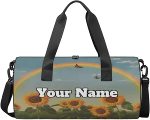 Custom Gym Bag for Women Men with Name, Personalized Spring Sunflower Duffel Bag for Sports, Waterproof Dance Bag, Lightweight Carryon Gym Bag, Rainbow