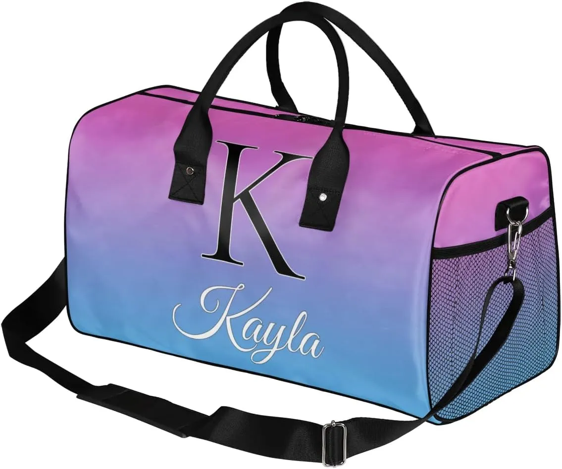Custom Name Sport Duffel Bag, Personalized Initial Small Gym Bag, Lightweight Travel Duffle Bag Carry On Weekender Bag, Blue Purple