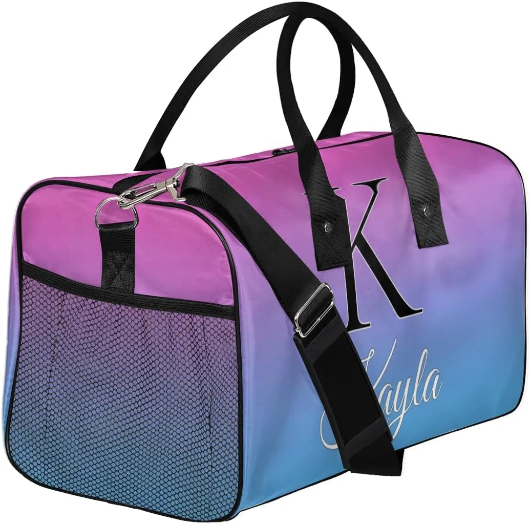 Custom Name Sport Duffel Bag, Personalized Initial Small Gym Bag, Lightweight Travel Duffle Bag Carry On Weekender Bag, Blue Purple